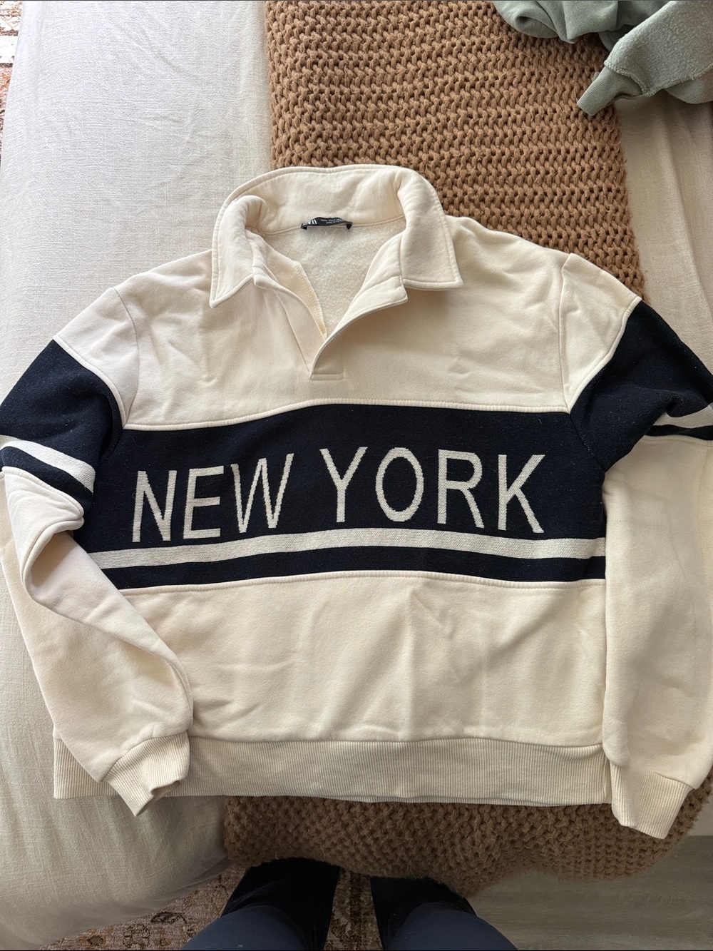 Zara Cream & Black V-Neck Rugby Sweater with NEW YORK Graphic